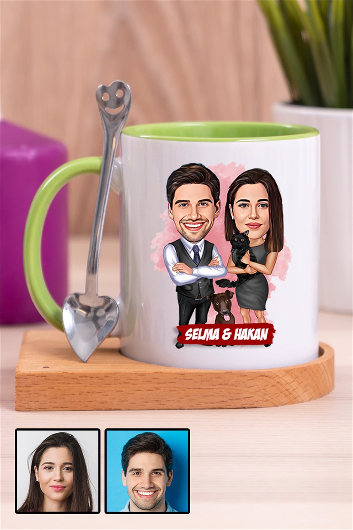 Komik Sevgililer Günü Hediyesi Karikatürlü Ahşap Altlıklı İçi Renkli Kupa Bardak