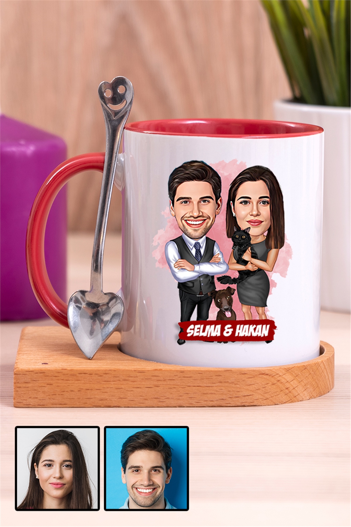 Komik Sevgililer Günü Hediyesi Karikatürlü Ahşap Altlıklı İçi Renkli Kupa Bardak