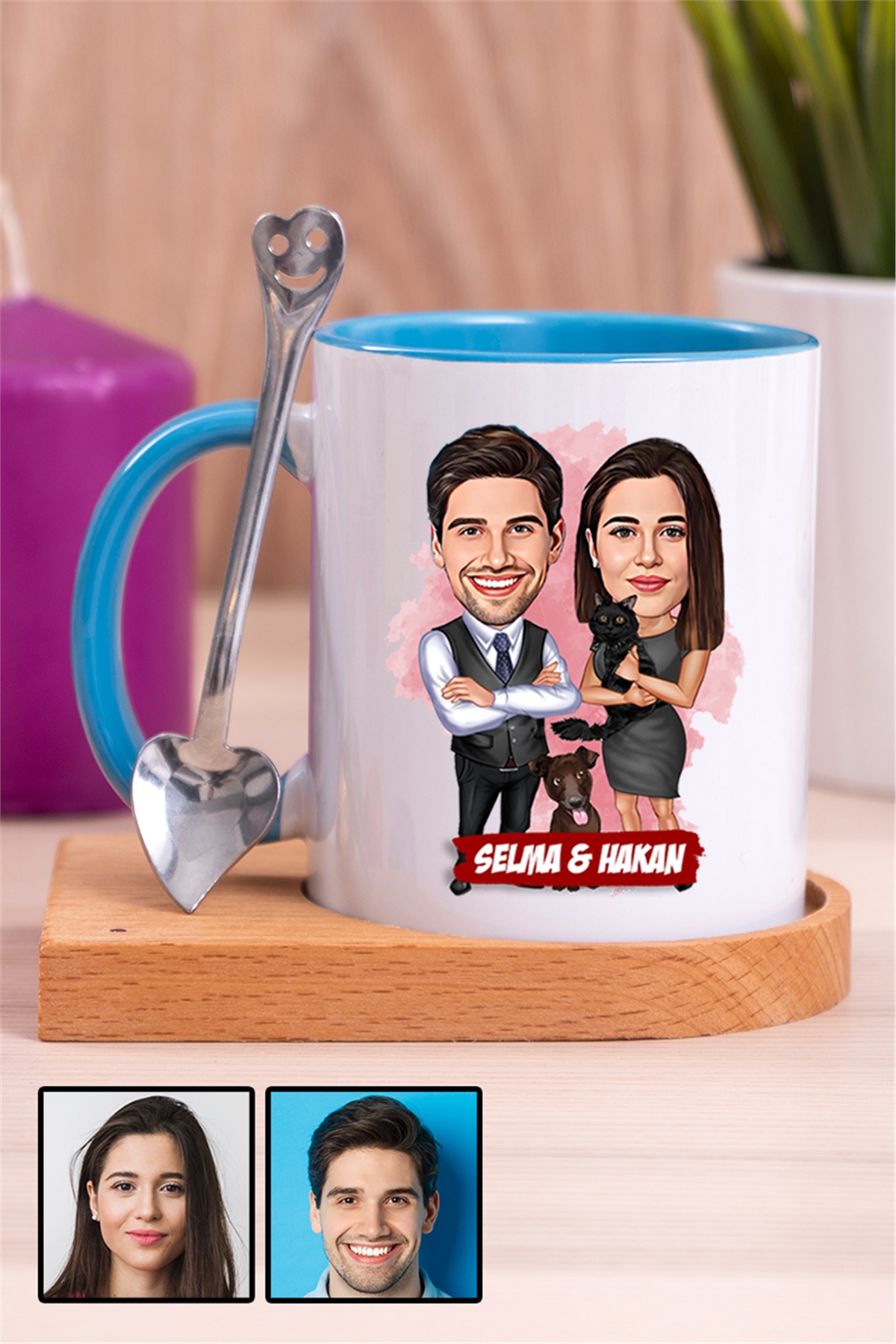 Komik Sevgililer Günü Hediyesi Karikatürlü Ahşap Altlıklı İçi Renkli Kupa Bardak