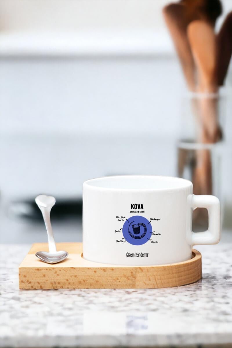 Kova Burcu Kadına Hediye Ahşap Altlıklı Fincan
