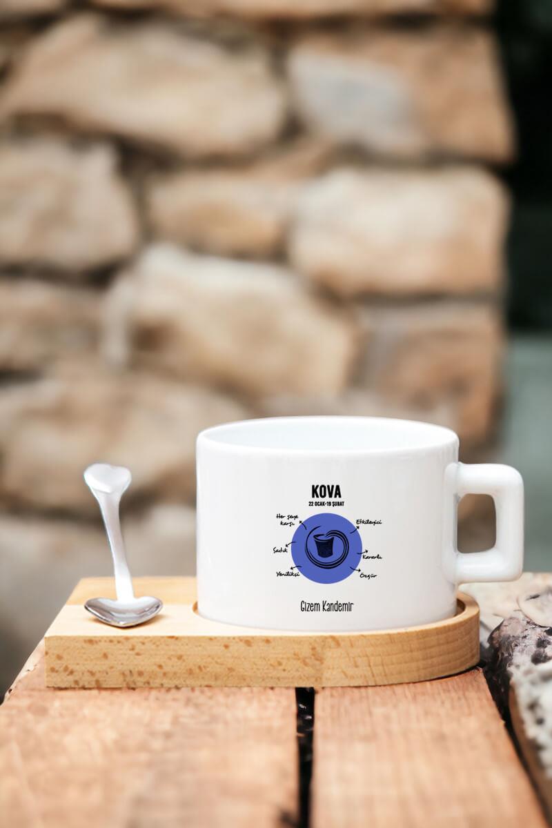 Kova Burcu Kadına Hediye Ahşap Altlıklı Fincan