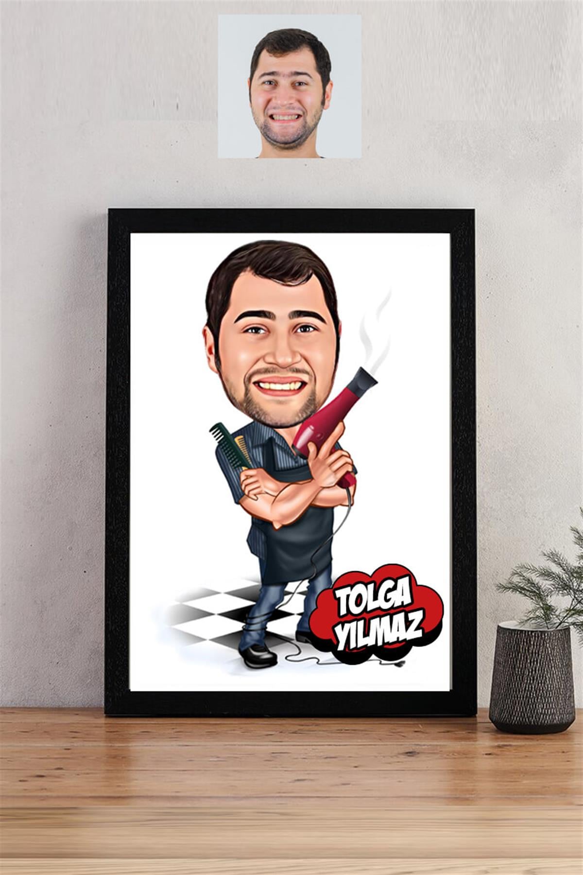 Kuaför Dükkanına Hediye Erkek Kuaförü Karikatürlü Dikdörtgen Çerçeve