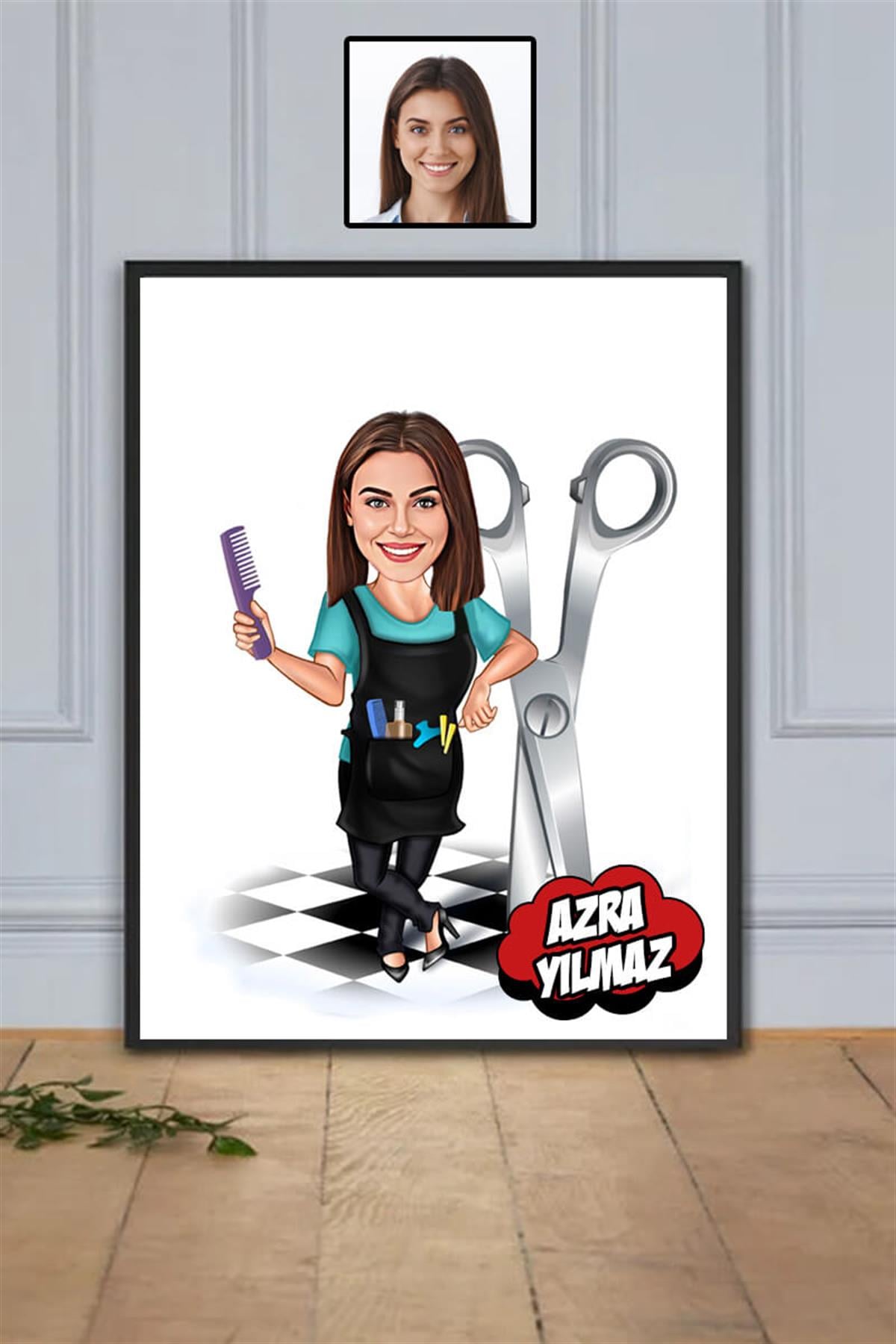 Kuaför Salonuna Hediye Kadın Kuaförü Karikatürlü Dikdörtgen Çerçeve