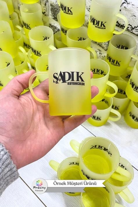 Logo Baskılı Sarı Renk Promosyon Buzlu Cam Bardak