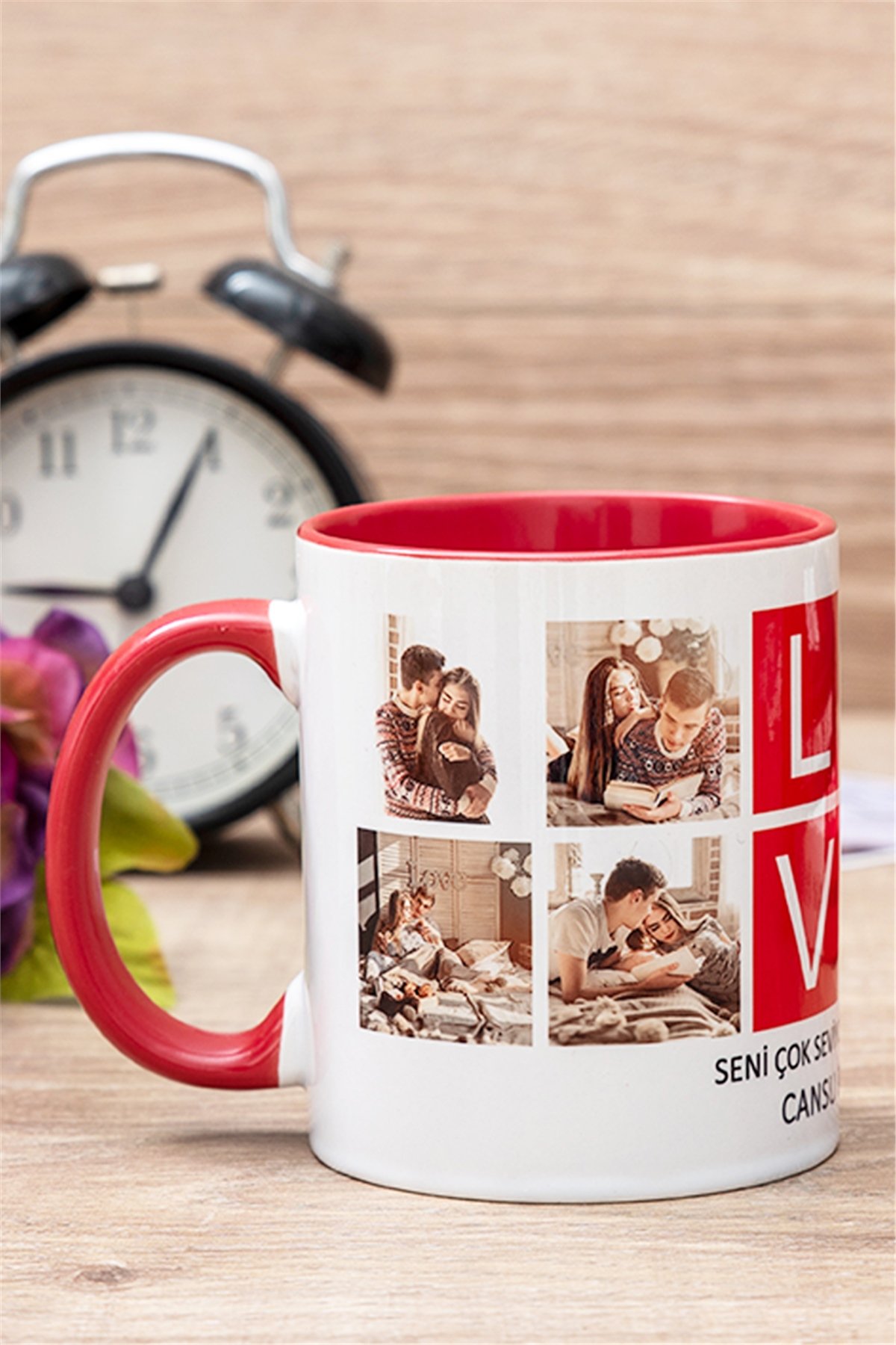 Love Yazılı 8 Fotoğraflı İçi Renkli Kupa Bardak