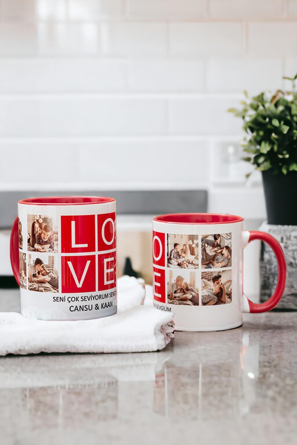 Love Yazılı 8 Fotoğraflı İkili Renkli Kupa Bardak
