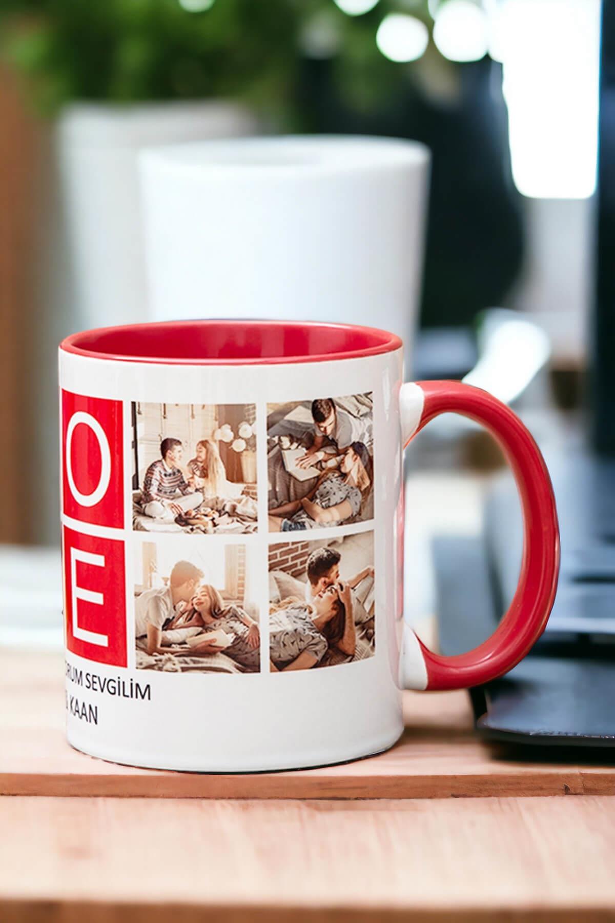 Love Yazılı 8 Fotoğraflı İkili Renkli Kupa Bardak