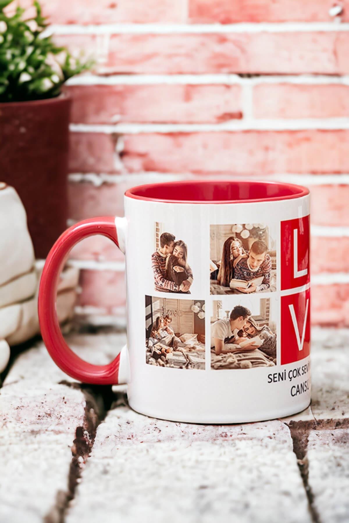 Love Yazılı 8 Fotoğraflı İkili Renkli Kupa Bardak