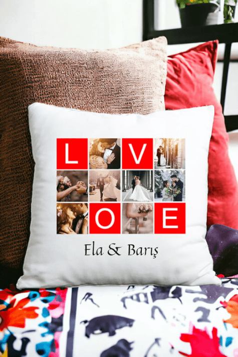 Love Yazılı 8 Fotoğraflı Saten Kare Yastık