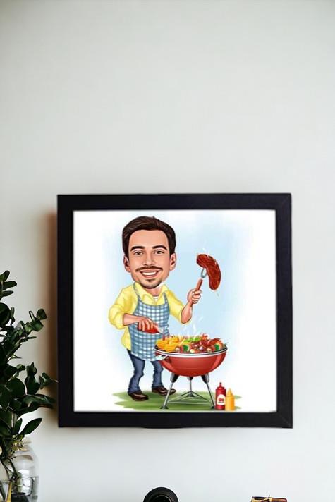 Mangal Yapmayı Seven Erkeklere Hediye Karikatürlü Kare Çerçeve