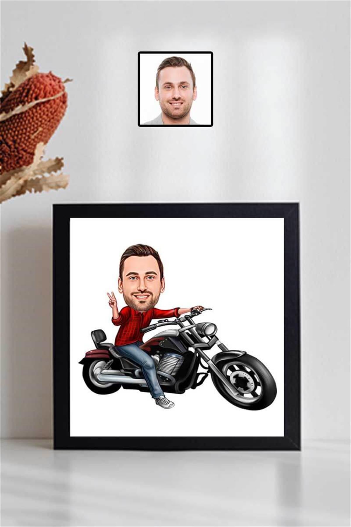Motorsiklet Tutkunlarına Hediye Karikatürlü Kare Çerçeve