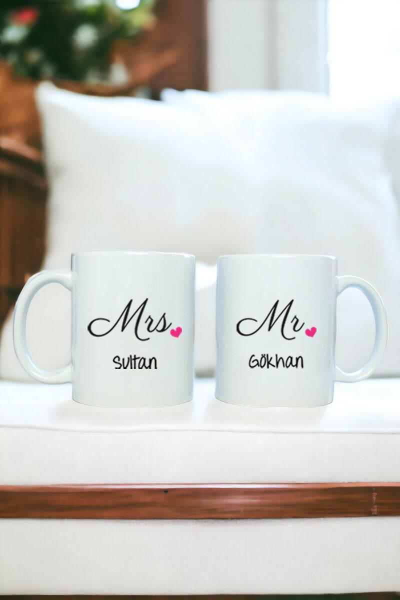 Mr Mrs Tasarım İsim Yazılı İkili Beyaz Kupa Bardak