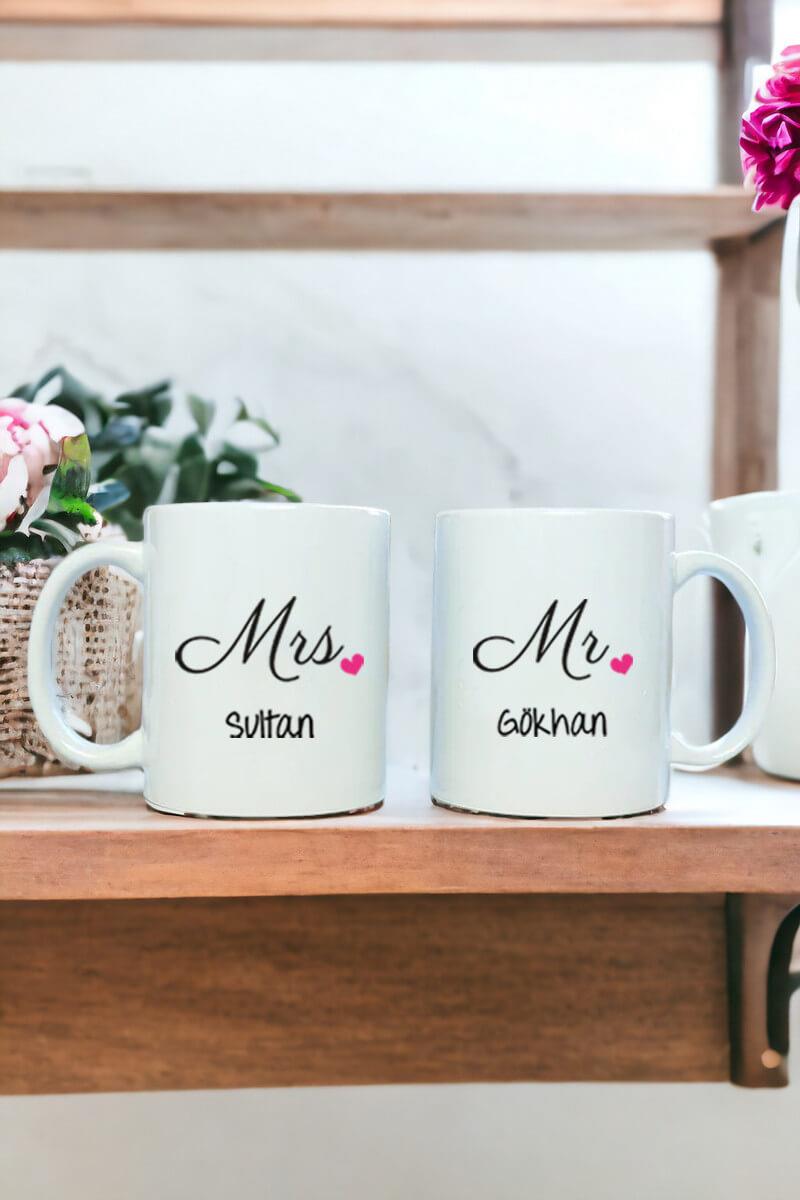 Mr Mrs Tasarım İsim Yazılı İkili Beyaz Kupa Bardak