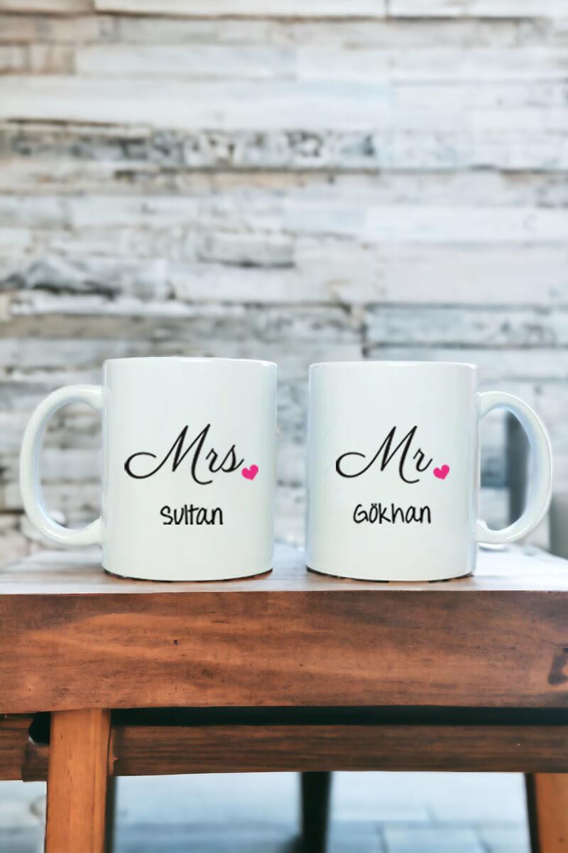 Mr Mrs Tasarım İsim Yazılı İkili Beyaz Kupa Bardak