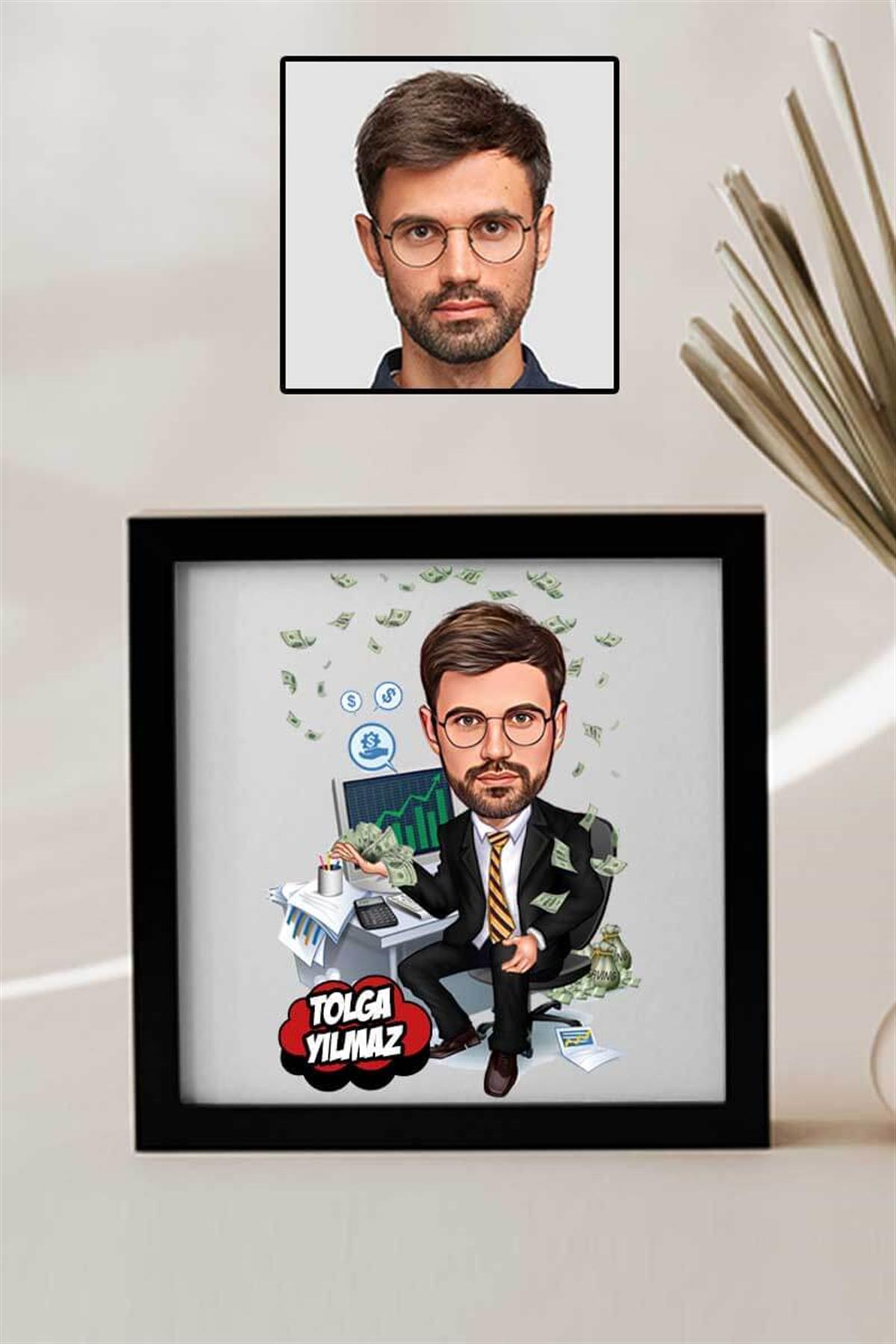 Bankacı Sevgiliye Hediye Karikatürlü Kare Çerçeve