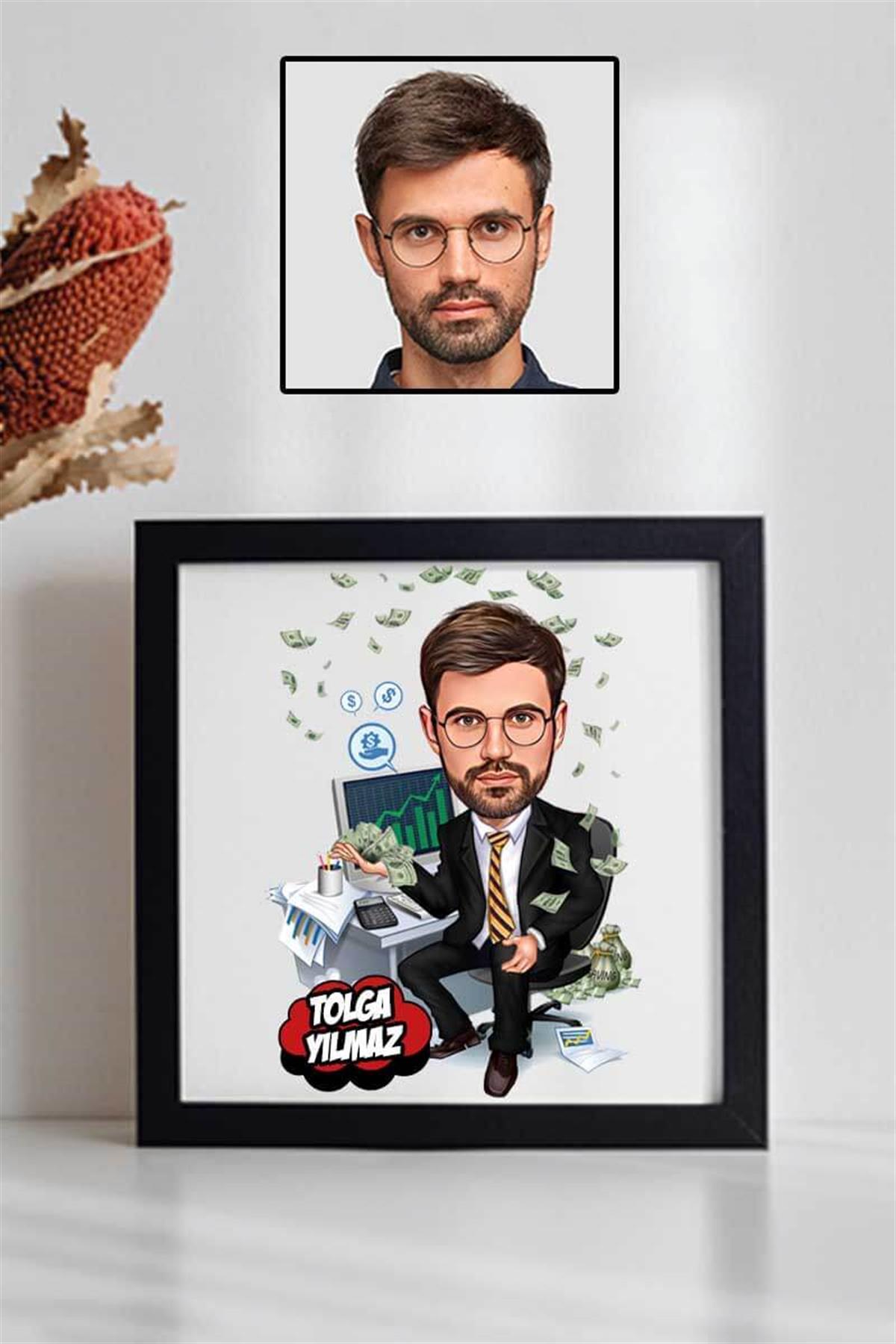 Bankacı Sevgiliye Hediye Karikatürlü Kare Çerçeve