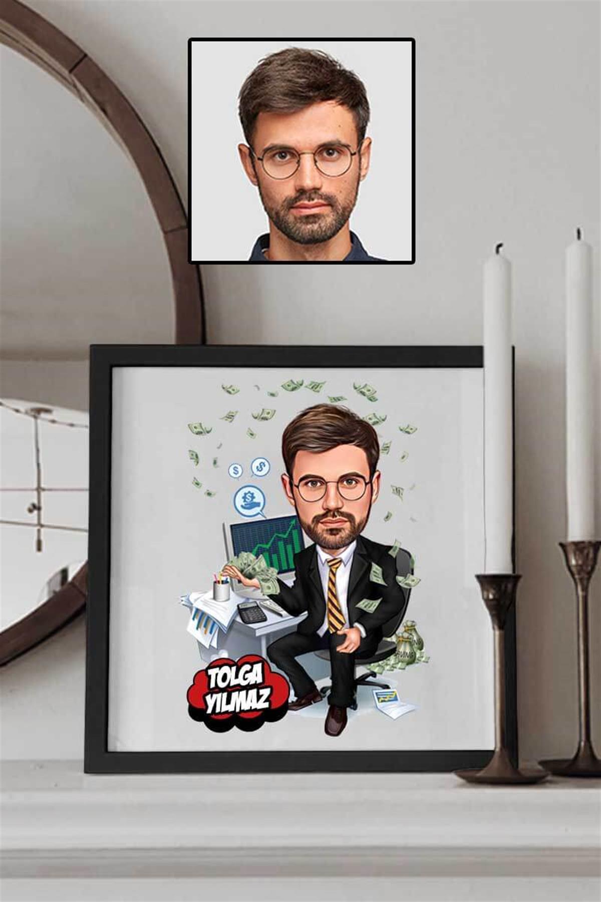 Bankacı Sevgiliye Hediye Karikatürlü Kare Çerçeve