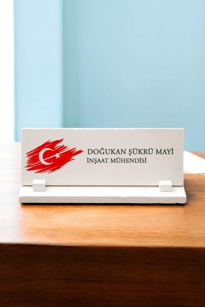 Ofis Hediyesi Türk Bayraklı Kişiye Özel Taş Masa İsimliği