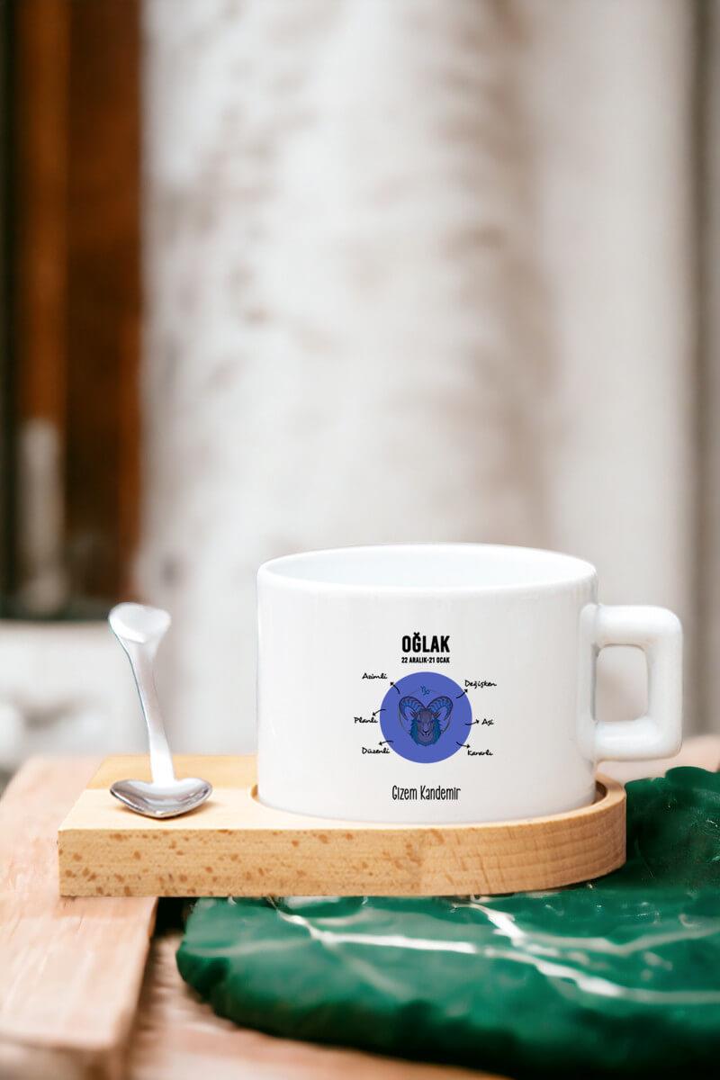 Oğlak Burcu Kadına Hediye Ahşap Altlıklı Fincan