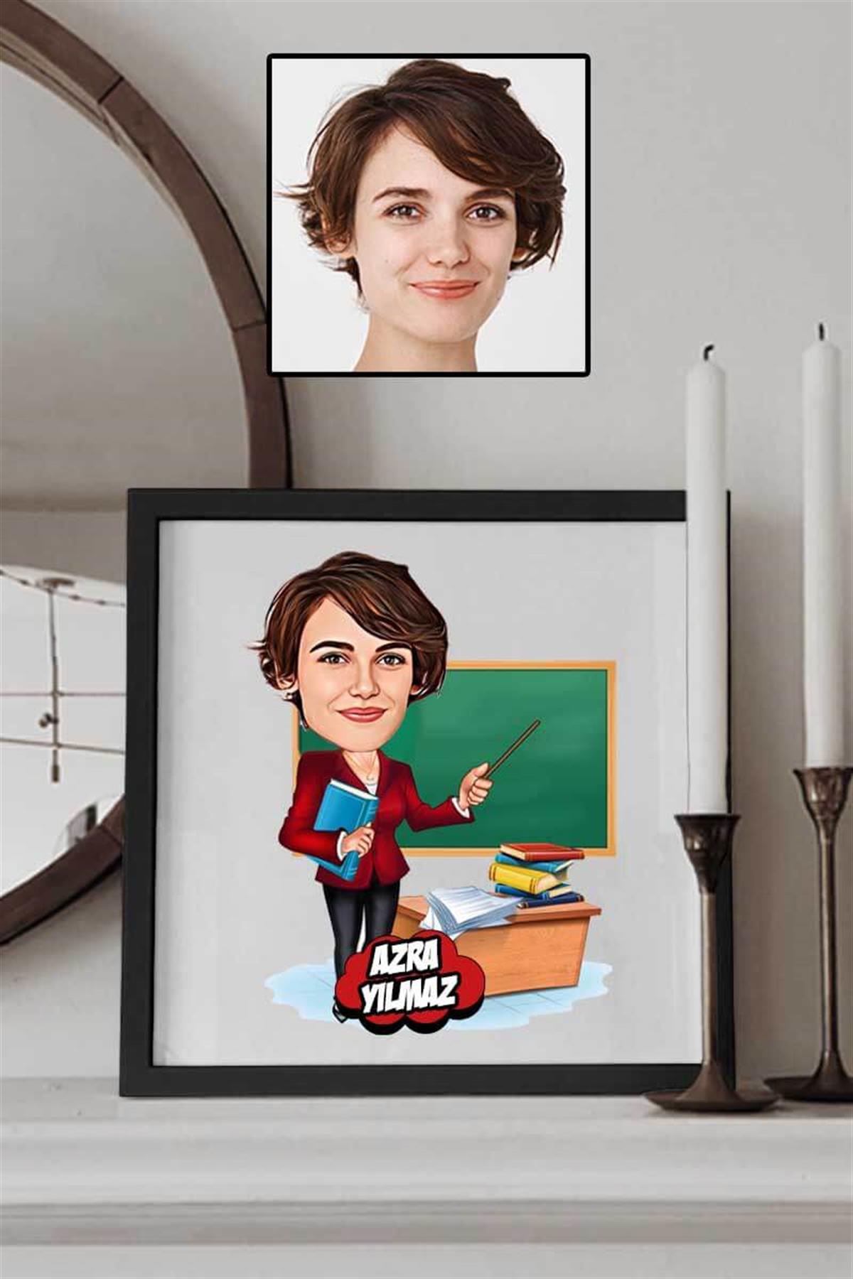 Öğretmene Atanma Hediyesi Karikatürlü Kare Çerçeve