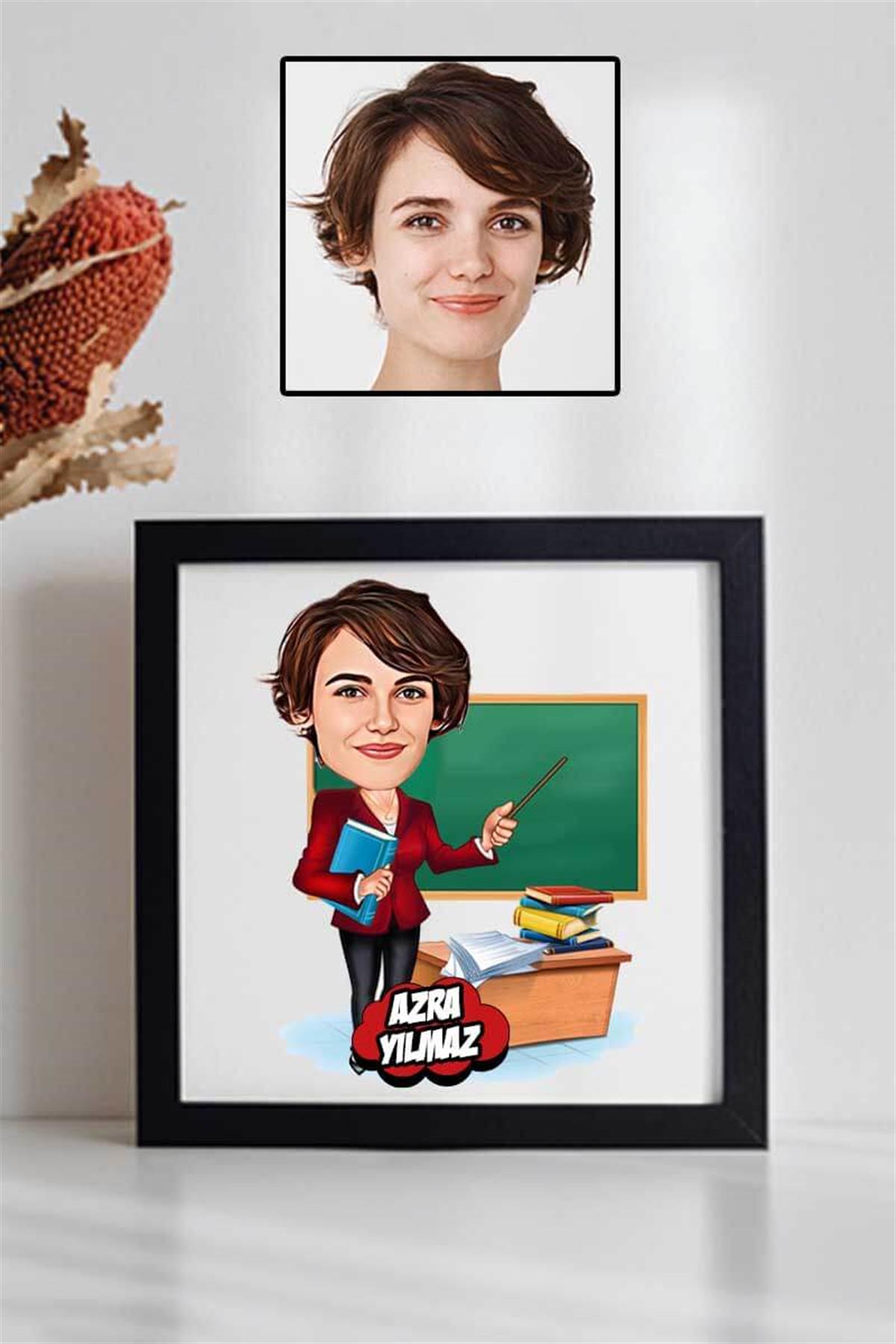 Öğretmene Atanma Hediyesi Karikatürlü Kare Çerçeve