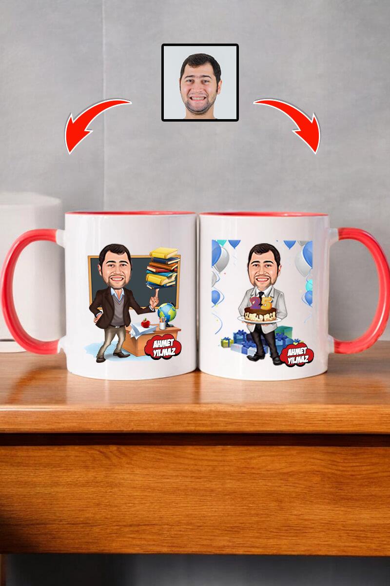 Öğretmene Doğum Günü Hediyesi Erkek Öğretmen Karikatürlü Kupa Bardak