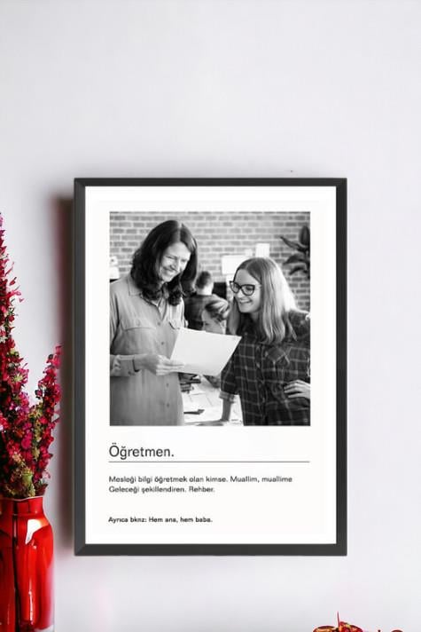 Öğretmene Hediye Siyah Beyaz Tasarım Kelime Anlamlı Hediyelik Çerçeve