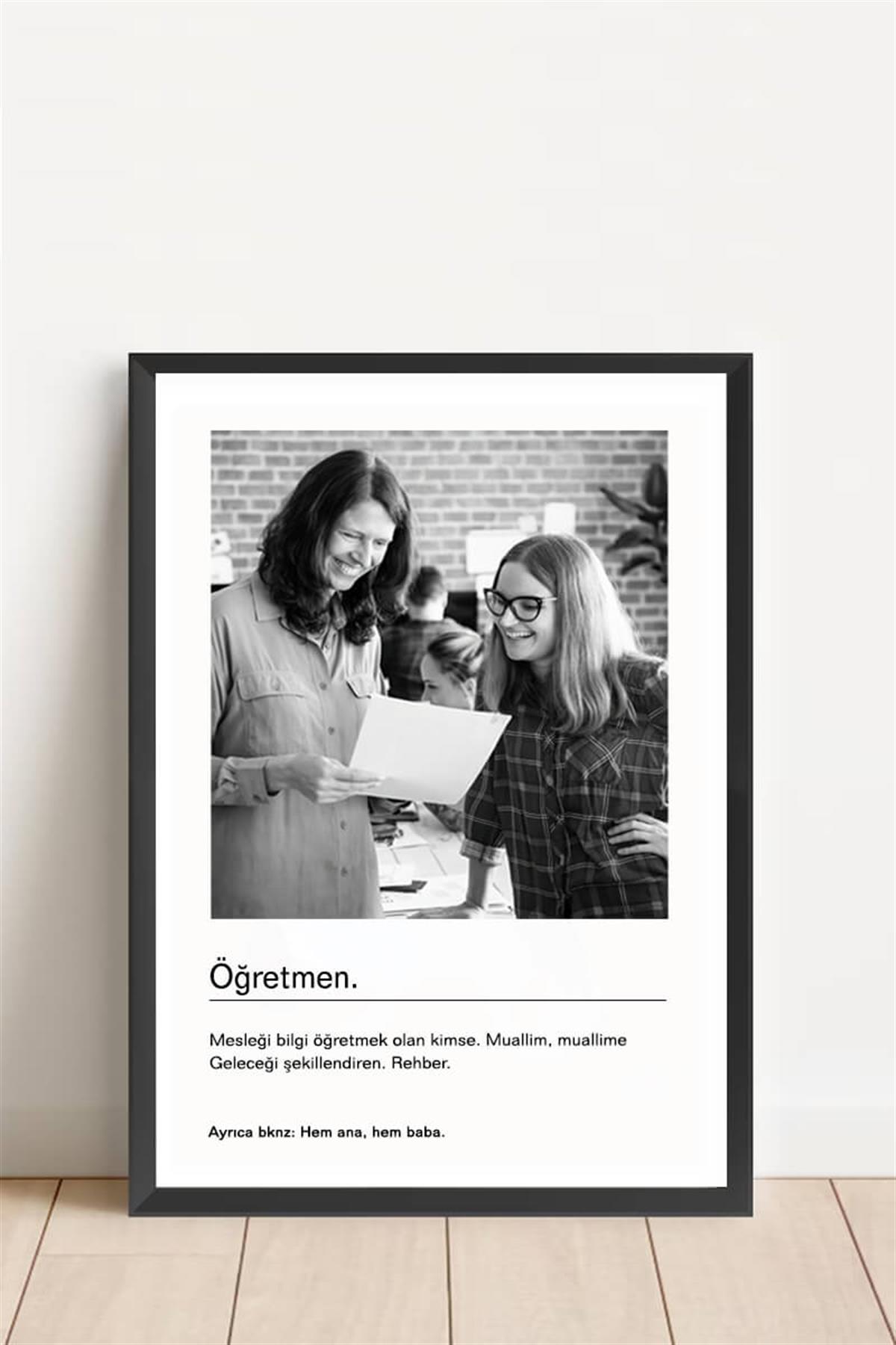 Öğretmene Hediye Siyah Beyaz Tasarım Kelime Anlamlı Hediyelik Çerçeve