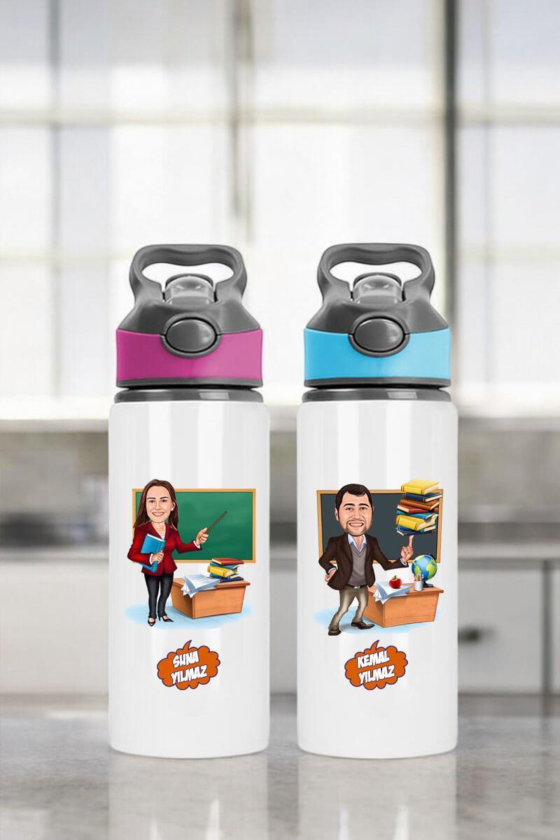 Öğretmenler Günü Hediyesi Karikatürlü Pipetli Su Matarası
