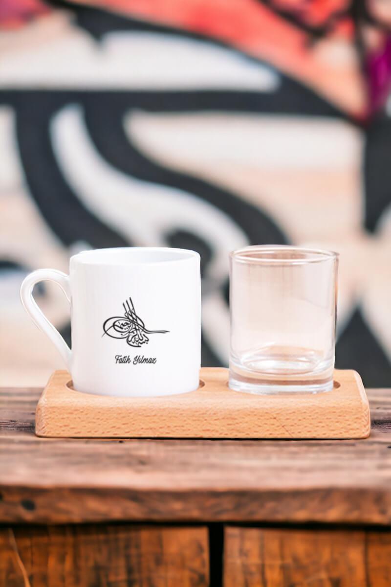 Osmanlı Tuğralı İsme Özel Ahşap Sunumlu Türk Kahvesi Fincanı