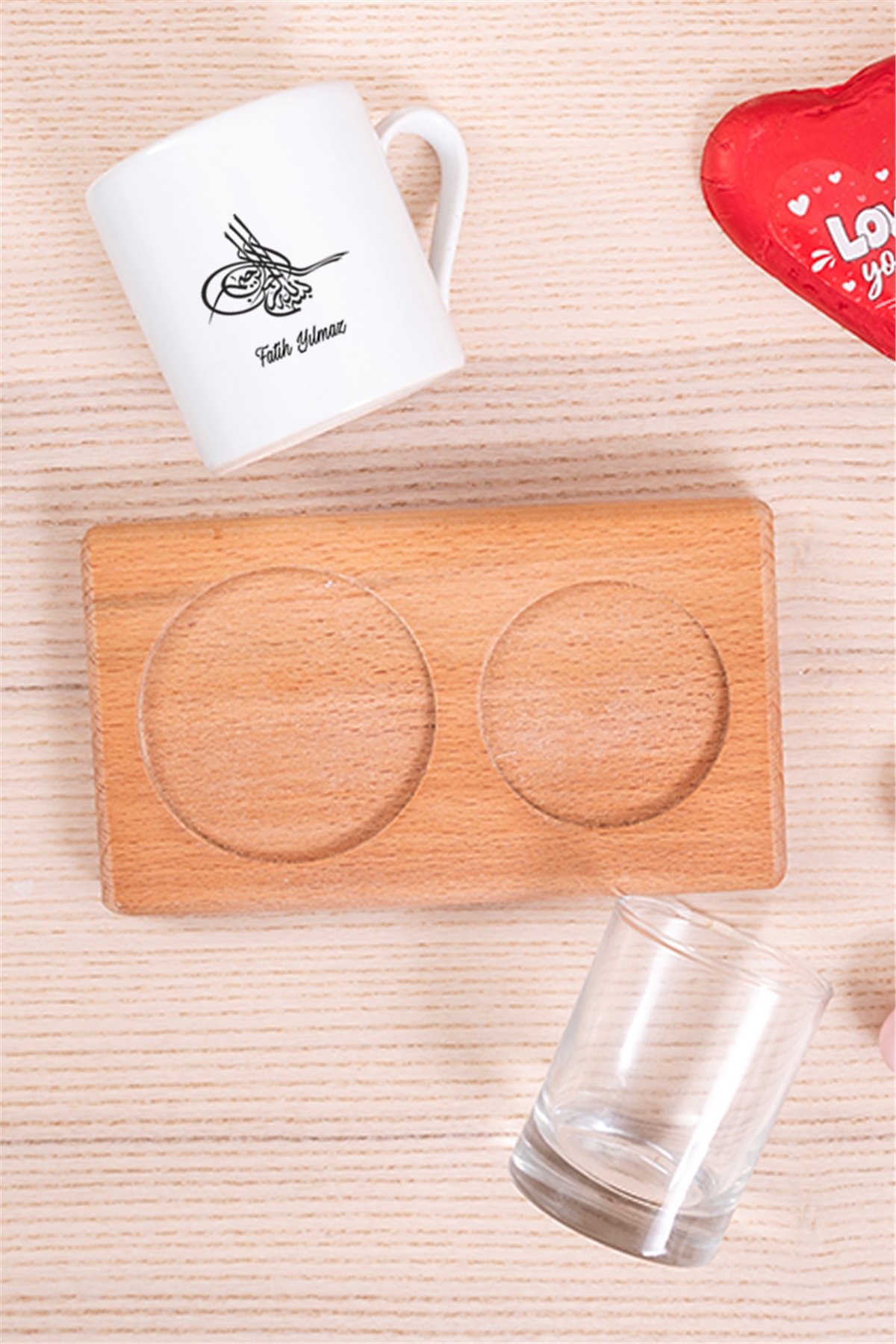 Osmanlı Tuğralı İsme Özel Ahşap Sunumlu Türk Kahvesi Fincanı