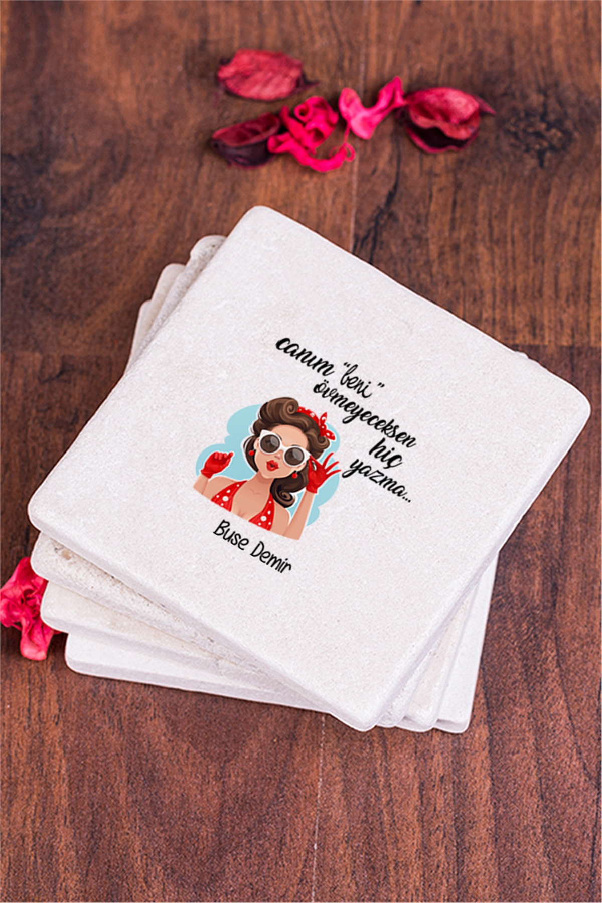 Övmeyeceksen Hiç Yazma Taş Bardak Altlığı