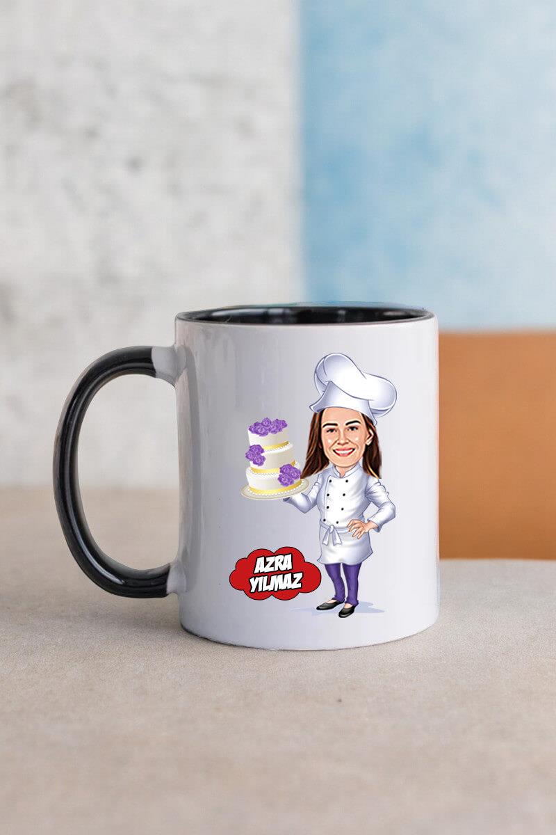 Pasta Şefine Hediye Kadın Şef Karikatürlü Kupa Bardak