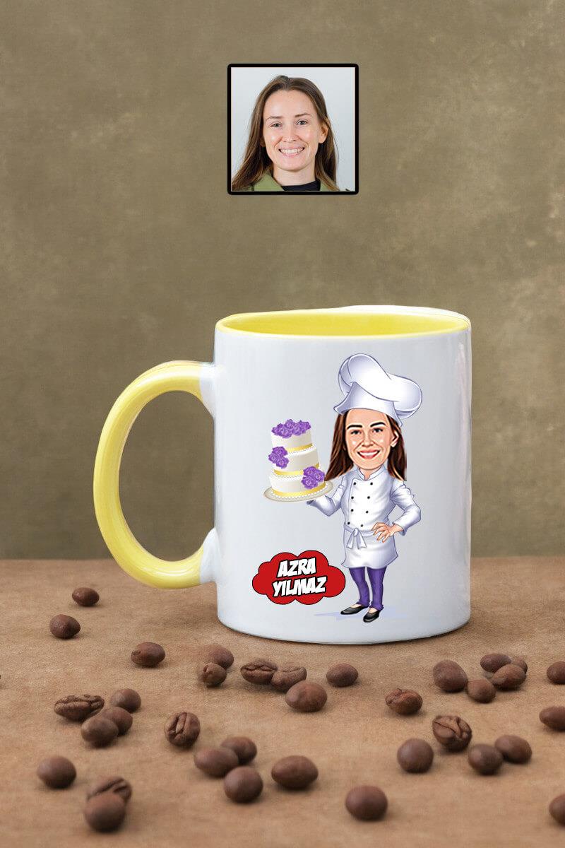 Pasta Şefine Hediye Kadın Şef Karikatürlü Kupa Bardak