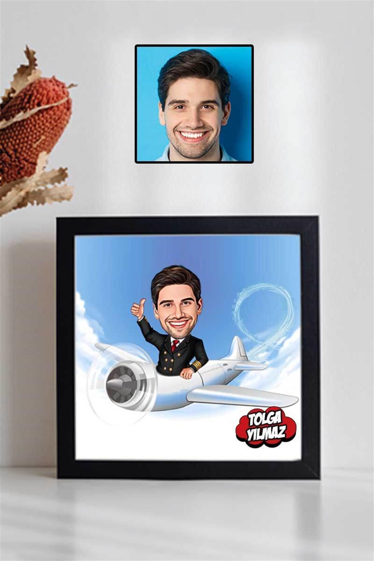 Pilot Arkadaşa Hediye Karikatürlü Kare Çerçeve