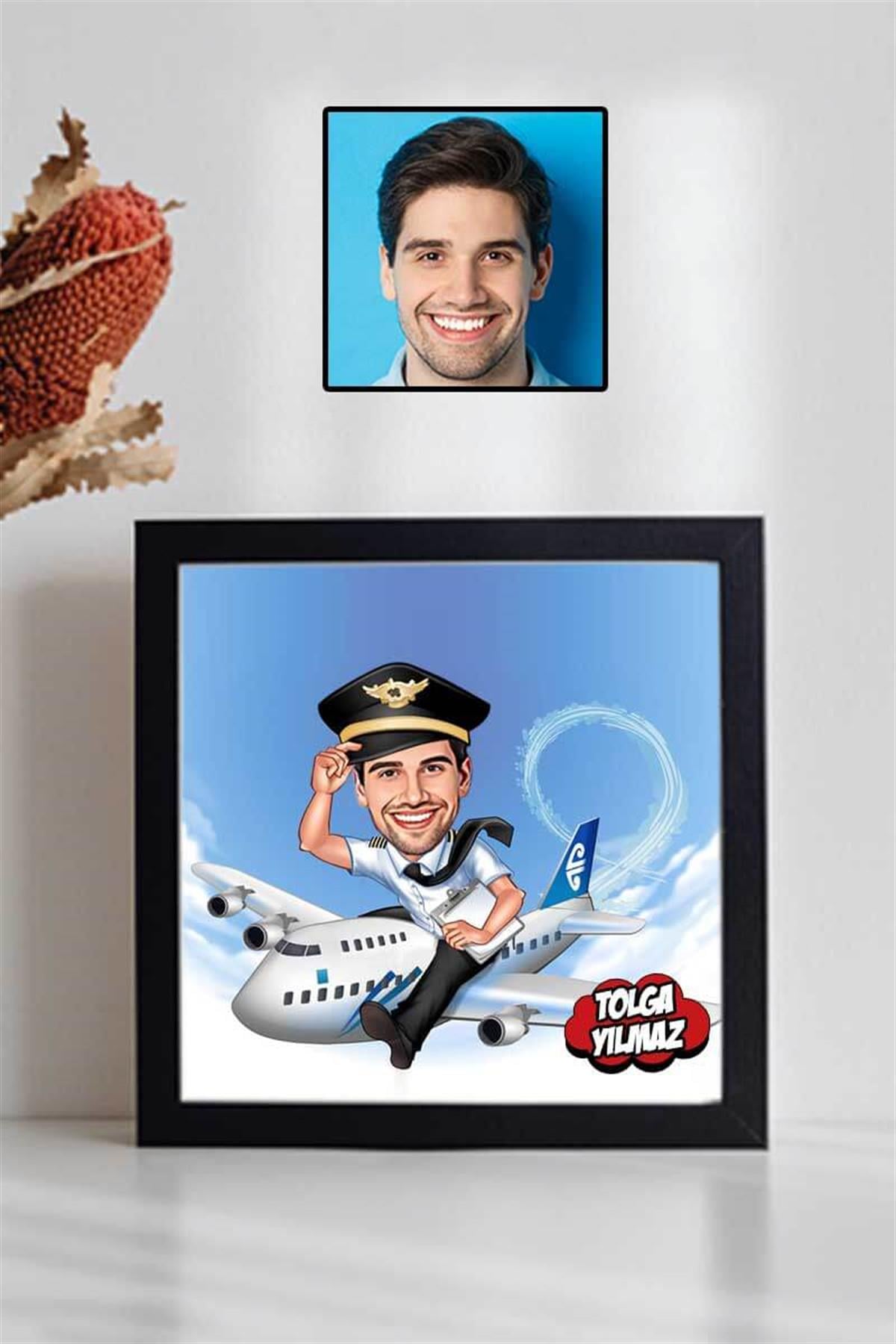 Pilot Sevgiliye Hediye Karikatürlü Kare Çerçeve