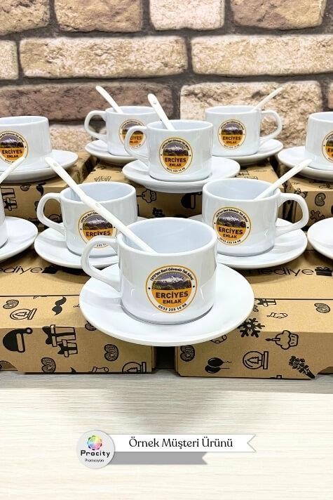Porselen Logo Baskılı 3 Parça Promosyon Çay Fincanı Seti