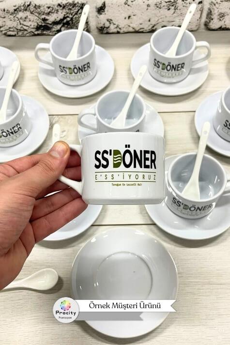 Porselen Logo Baskılı 3 Parça Promosyon Çay Fincanı Seti