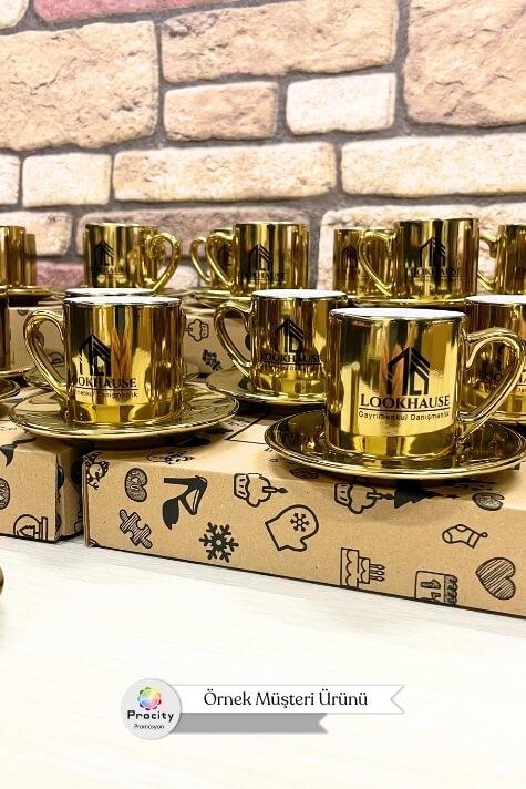 Porselen Logo Baskılı Promosyon Silindir Gold Türk Kahvesi Fincanı
