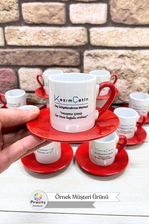 Porselen Logo Baskılı Promosyon Silindir Kırmızı Türk Kahvesi Fincanı