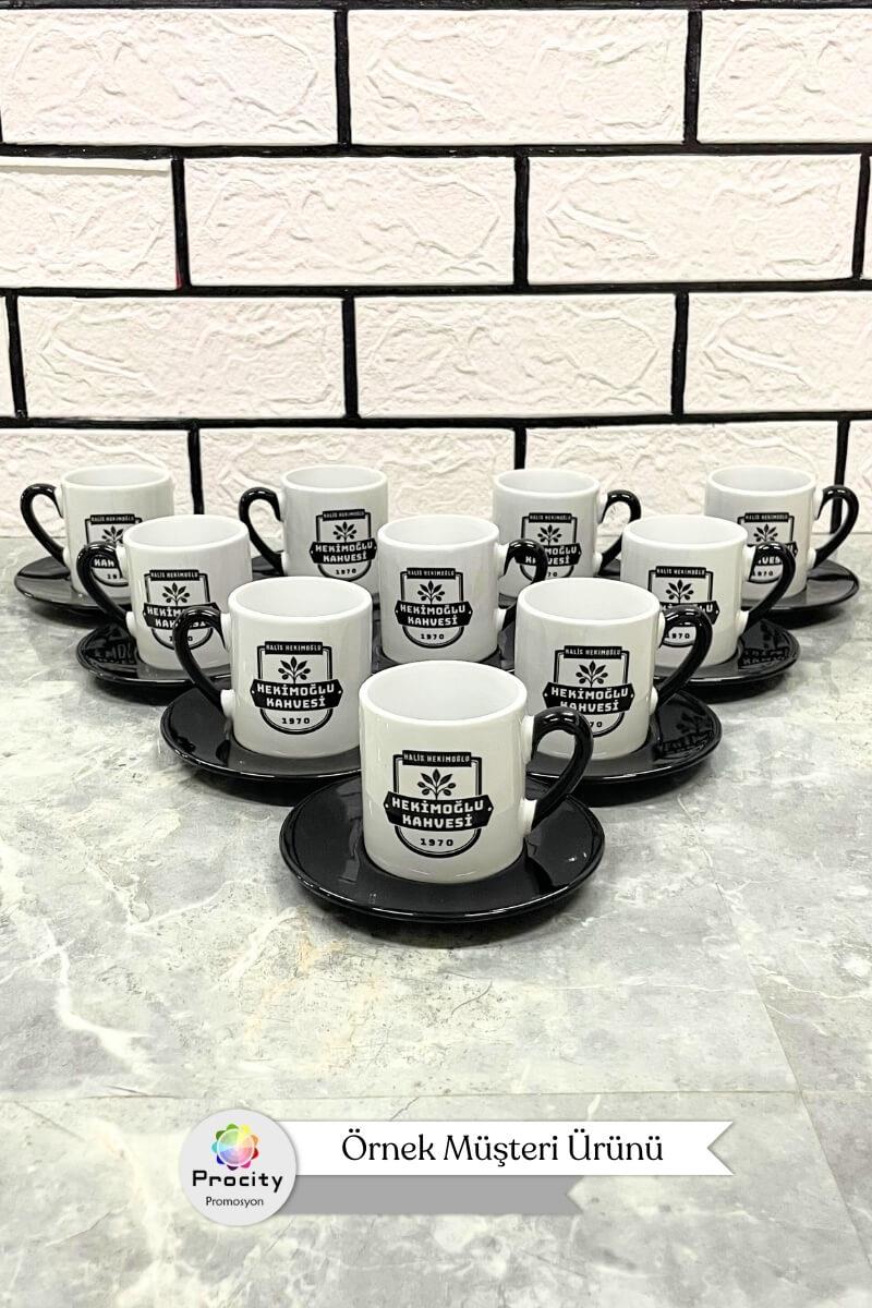 Porselen Logo Baskılı Promosyon Silindir Siyah Türk Kahvesi Fincanı