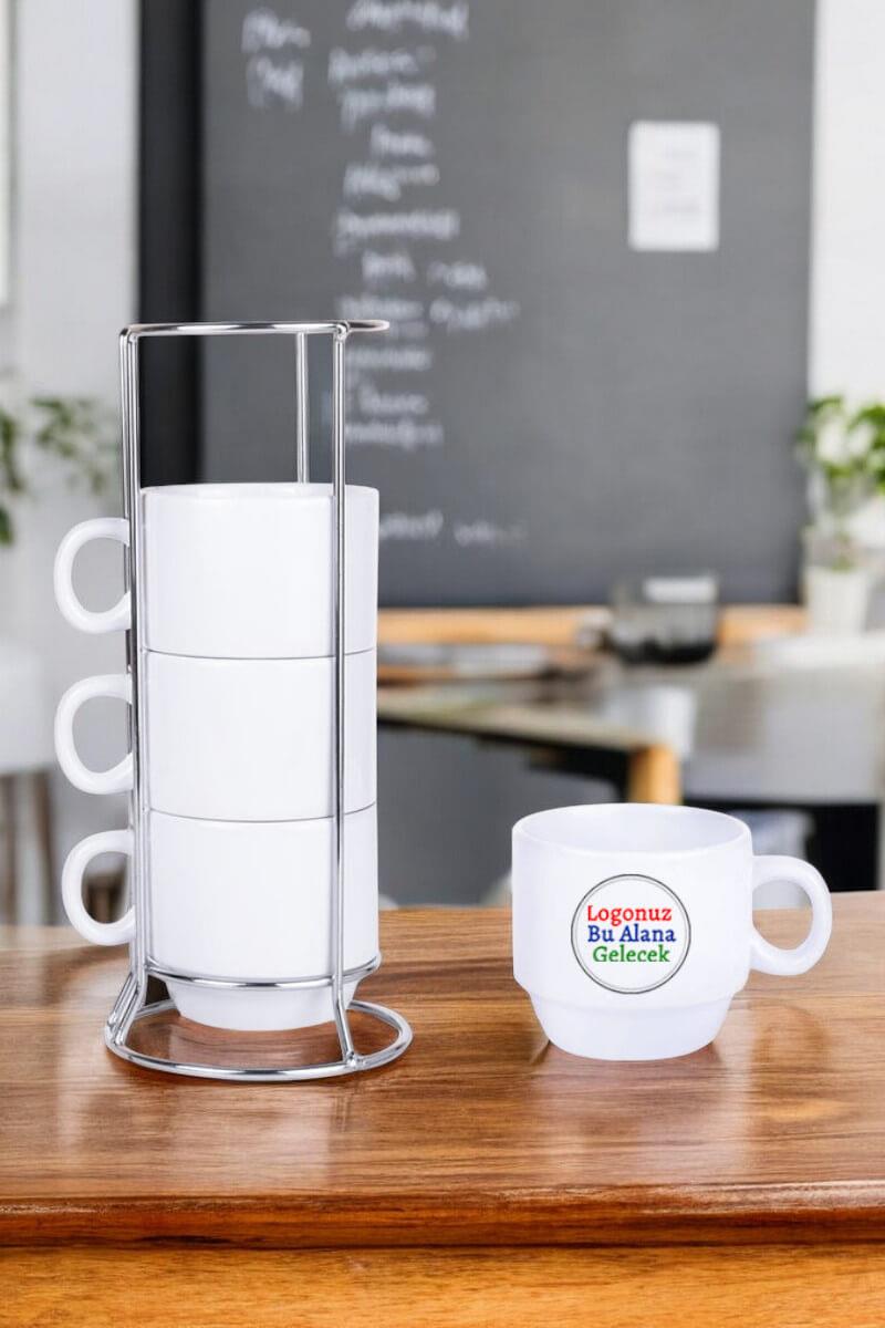 Porselen Logo Baskılı ve Standlı 4lü Promosyon Fincan Seti