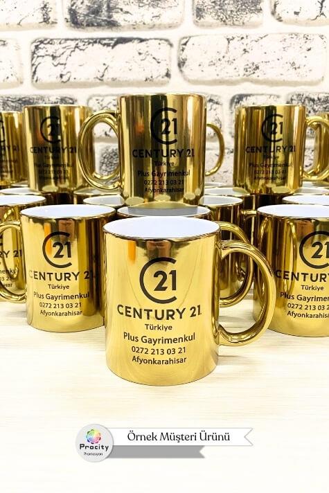 Porselen Silindir Logo Baskılı Aynalı Gold Promosyon Kupa Bardak