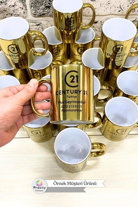 Porselen Silindir Logo Baskılı Aynalı Gold Promosyon Kupa Bardak
