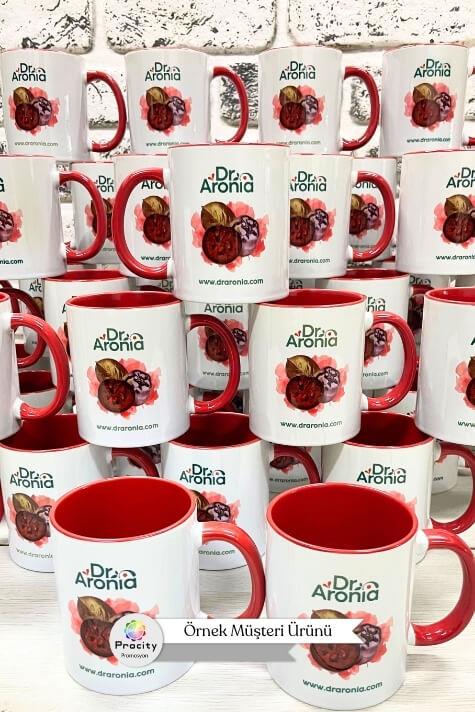 Porselen Silindir Logolu İçi ve Kulpu Kırmızı Promosyon Kupa Bardak