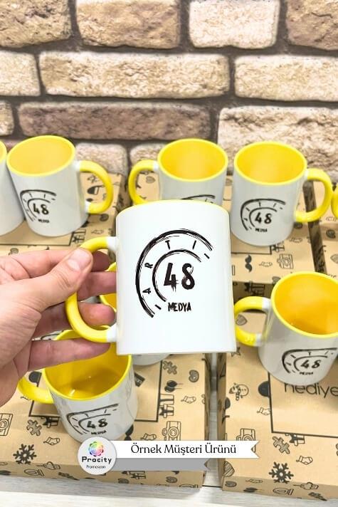 Porselen Silindir Logolu İçi ve Kulpu Sarı Promosyon Kupa Bardak