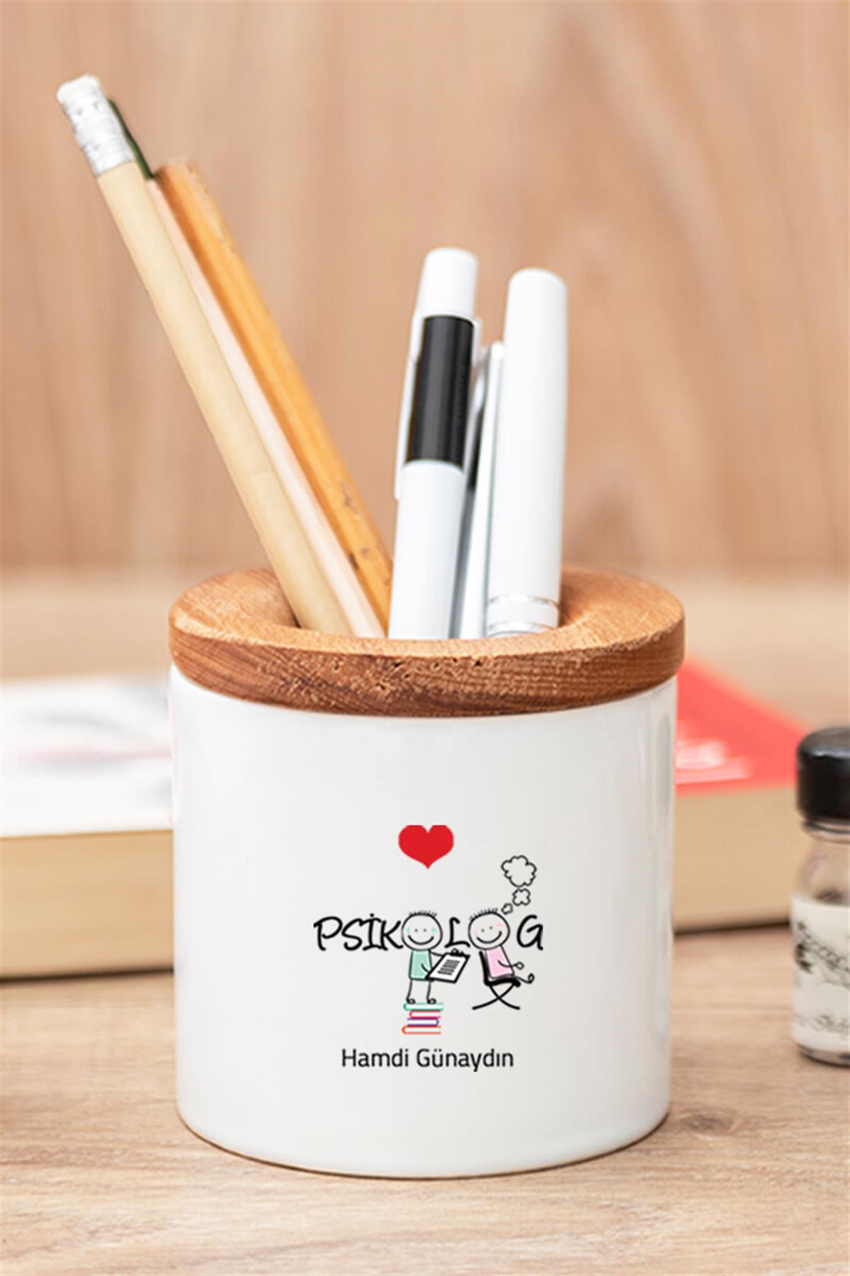Psikologlara Hediye Seti Ahşap Altlıklı Fincan ve Kalemlik