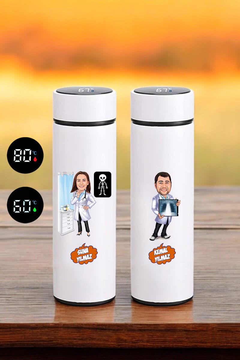 Radyoloji Doktoruna Hediye Karikatürlü Dijital Sıcaklık Göstergeli Çelik Termos