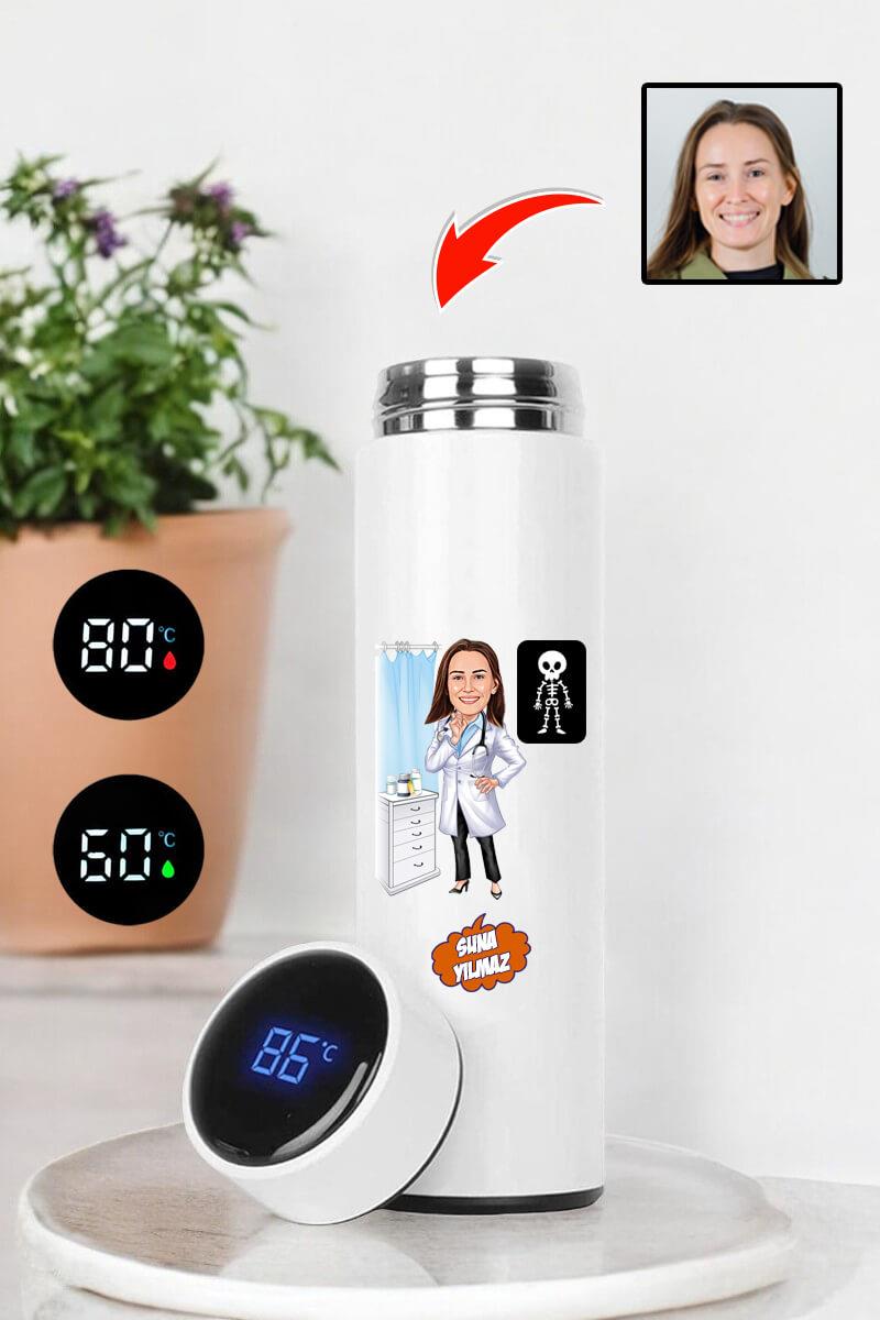 Radyoloji Doktoruna Hediye Karikatürlü Dijital Sıcaklık Göstergeli Çelik Termos