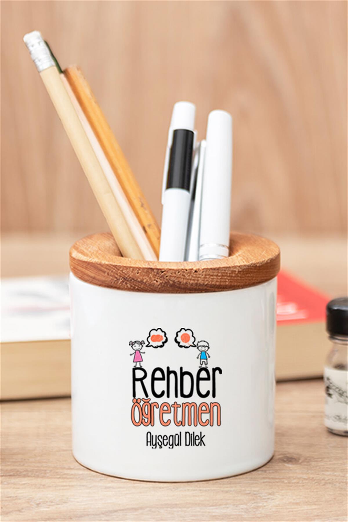 Rehber Öğretmene Hediye Seti Ahşap Altlıklı Fincan ve Kalemlik